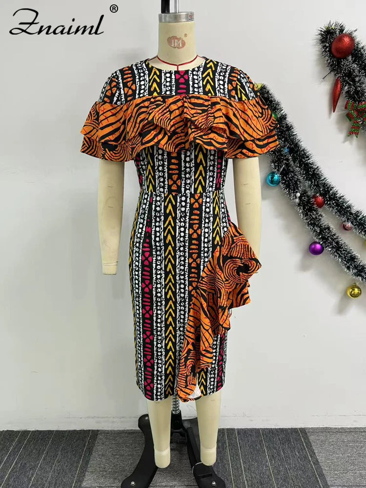 Znaiml African Festival Print Dresses Elegant Women Summer Short Sleeve Ruffles Bodycon Midi Dress Fashion Vacation Party Robe