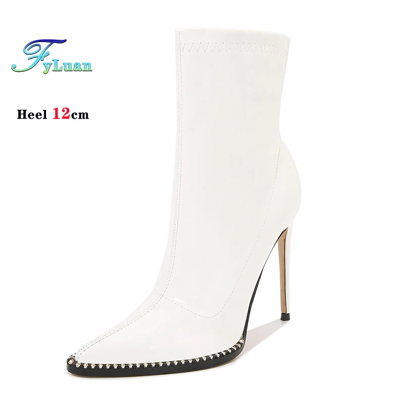 Elegant Rhinestone Bordered Side Zipper High Heel Ankle Boots for Women
