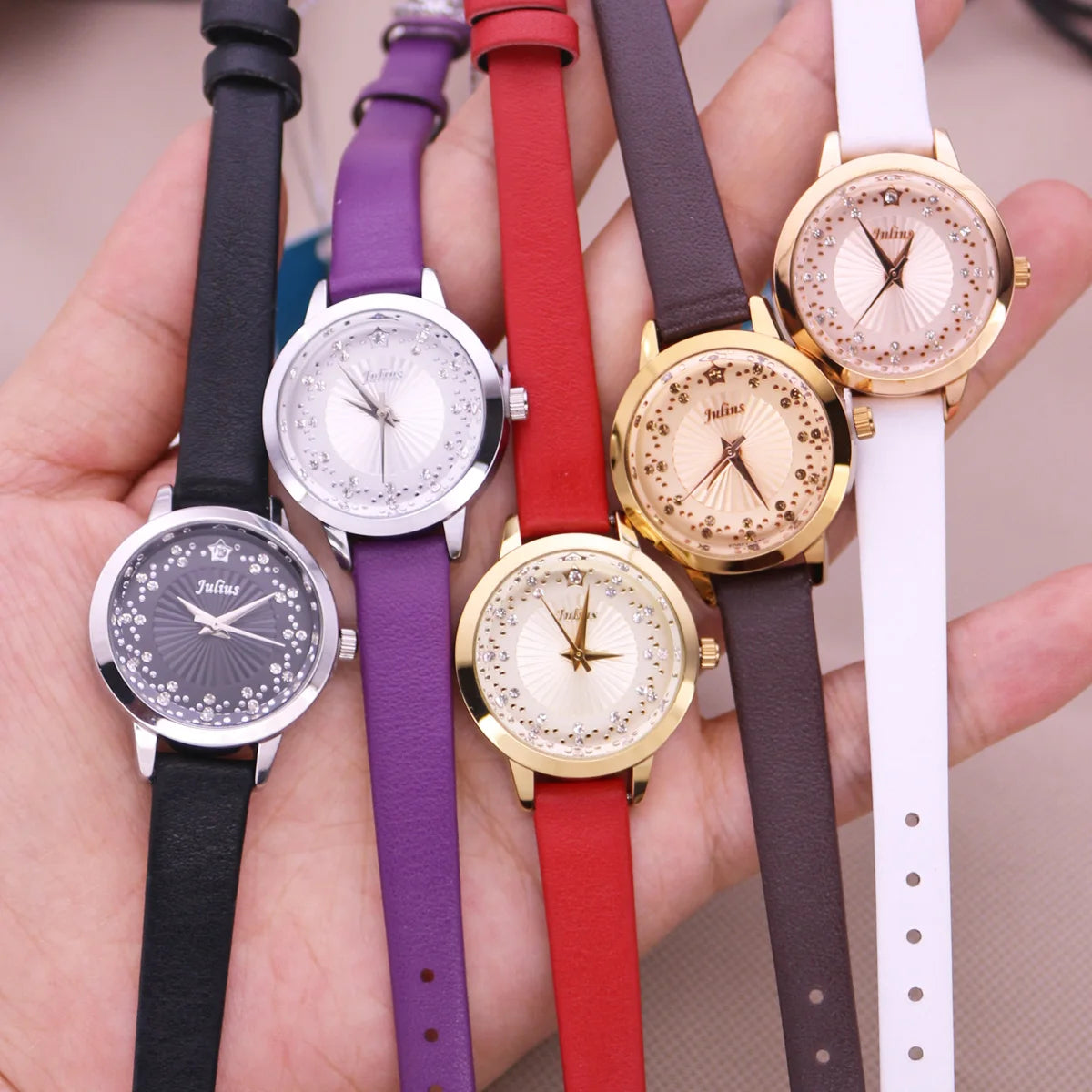 Small Rhinestones Julius Lady Women's Watch Japan Quartz Elegant Fashion Hours Bracelet Leather Girl's Gift No Box