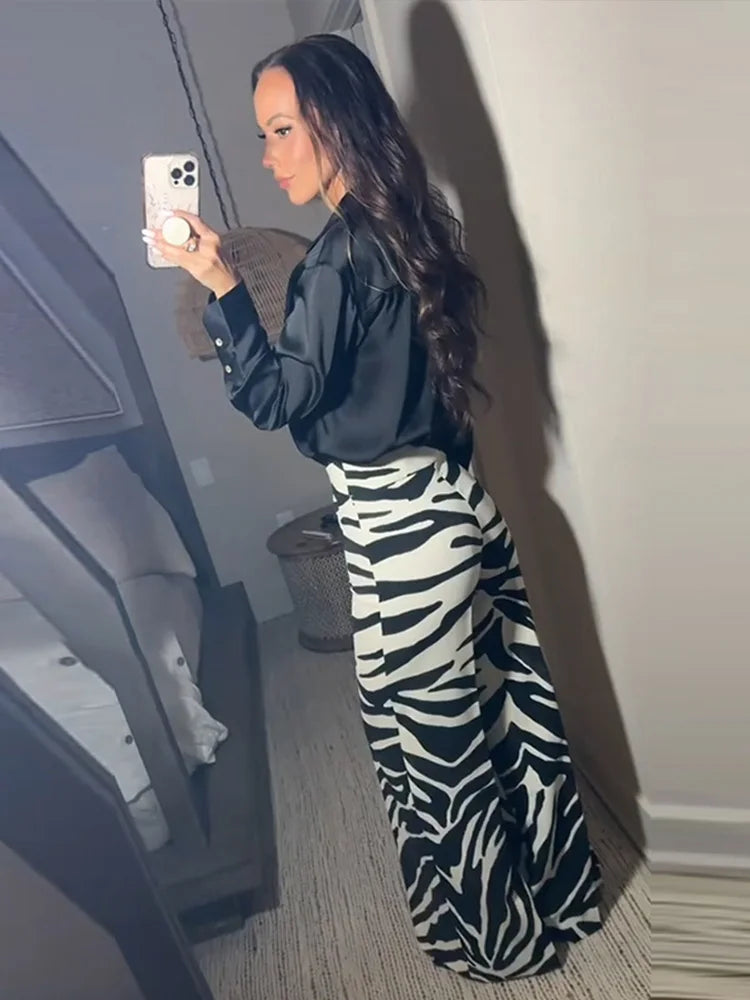 Zebra Print Wide Leg Women Pants High Waisted Stretch Fit 2025 Autumn Fashion Elegant Casual Bottoms Office Chic Lady Trousers