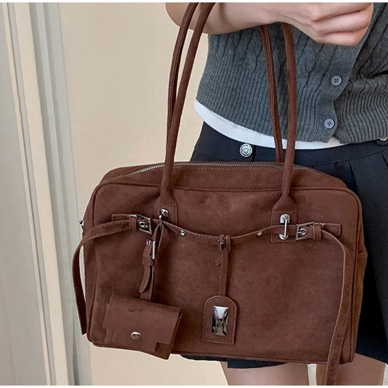 Retro Suede Square Handbag Fashion Versatile High-quality Texture Underarm Bag Exquisite Hardware Design Work Commute Tote Bag