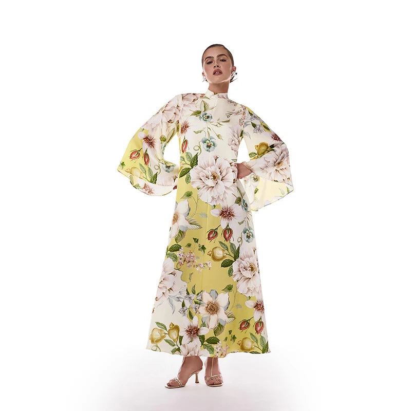 Elegant Print Dress with Stand Collar and Flare Sleeves for Women