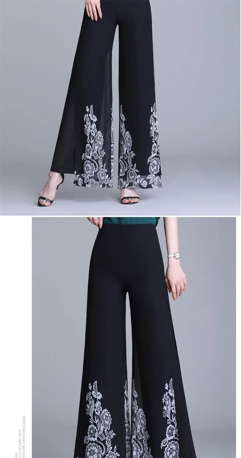 Double Layer Printed Chiffon Wide Leg Pants For Women's Summer New High Waisted Loose Dance Swing Pants Drooping Skirt Pants LA