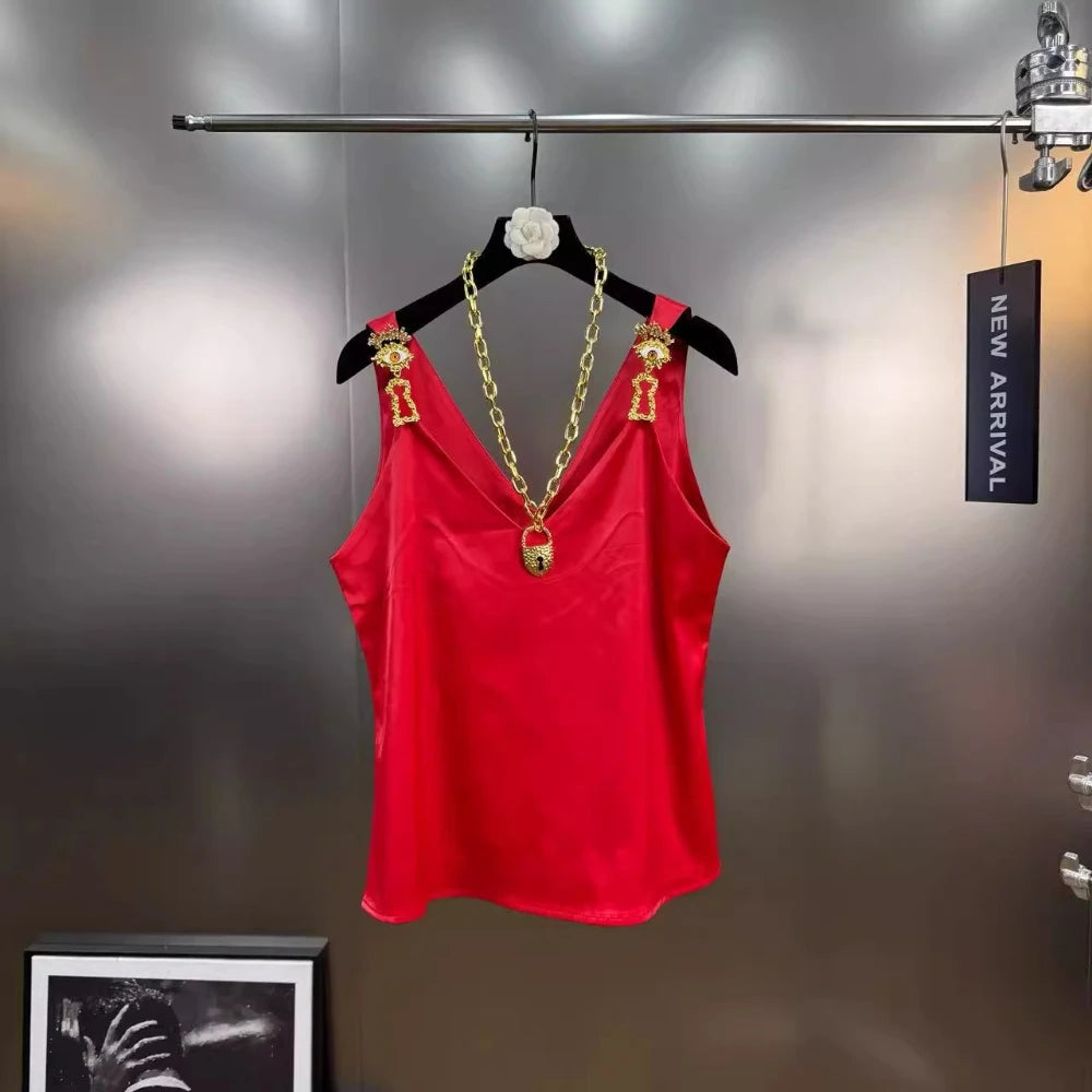 VGH Solid Color Spliced Metal Chain Basics Vest for Women V Neck Sleeveless American Streerwear Tank Tops Female Fashion Style