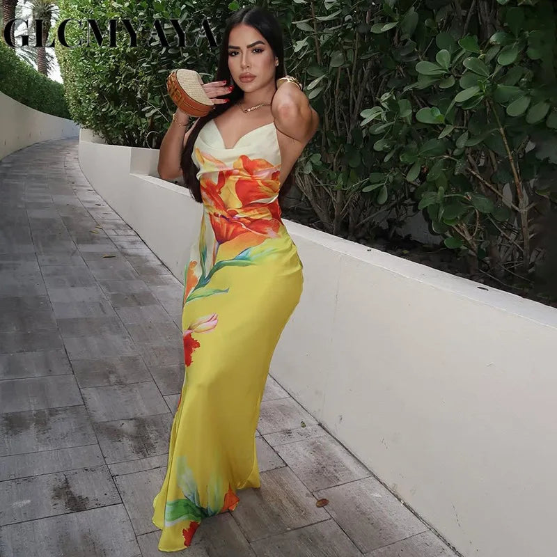 GLCMYAYA Women Floral Printed Bodycon Midi Backless Satin Maxi Long Dress 2025 Vacation Holiday Party Birthday Dresses Vestidos