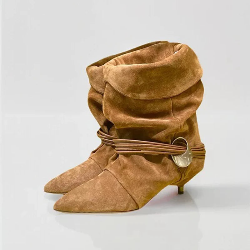 Vintage Stiletto Low Heel Boots Women's Fashion Brand Pleated Ankle Boots Brown Pointed High-end Texture New Cowboy Boots Shoes