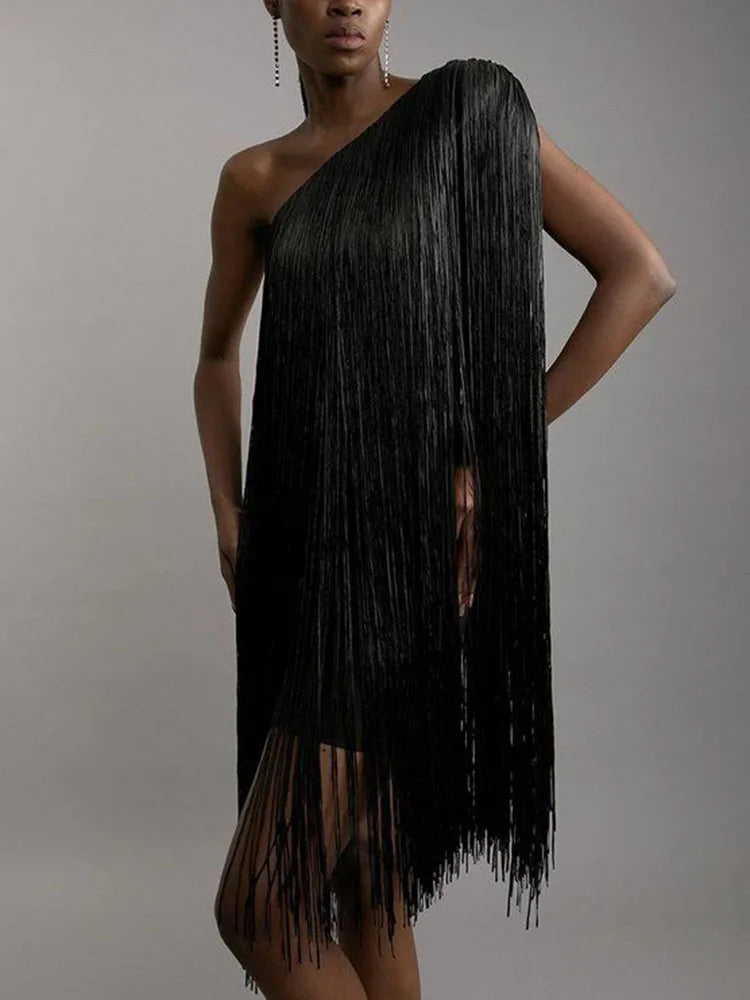 Asymmetric Off Shoulder Slim Tassel Dress Summer Simple Solid Sleeveless Evening Dress Women's Fashion Slanted Neck A-line Dress