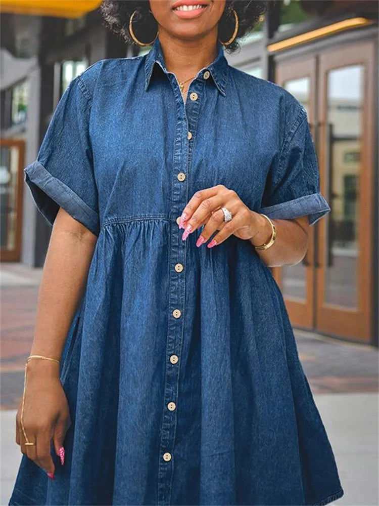 Wmstar Plus Size Denim Dresses Women Elegant Casual Loose Short Sleeve Summer Midi Dress Wholesale Dropshipping New Style