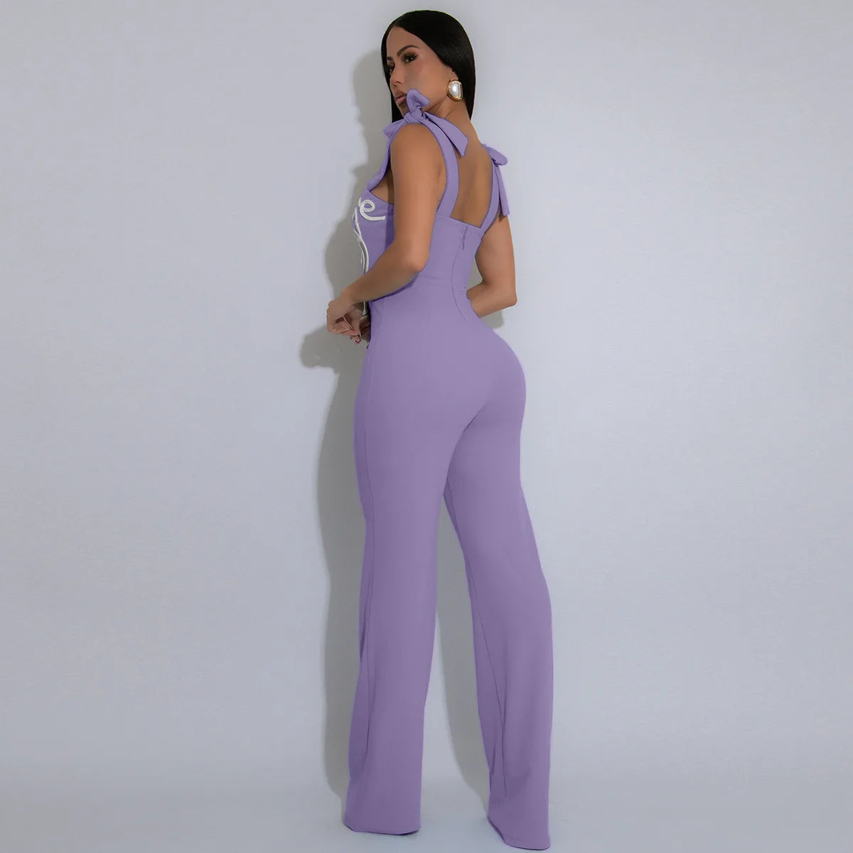 GLCMYAYA Women Geometric Applique Bowknot Shoulder Sleeveless Jumpsuits 2025 Summer Vacation One Piece Set Streetwear Outfits