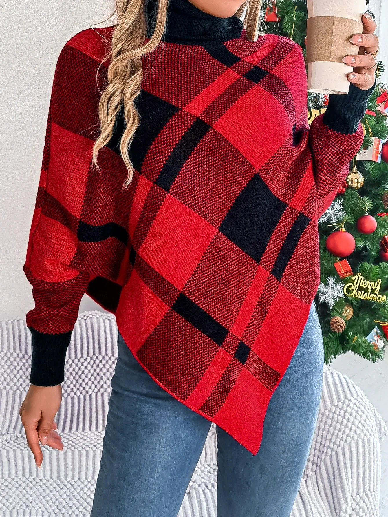 Casual Christmas Sweater Women Clothing Color Contrasting Checkered High Collar Long Sleeve Hooded Tops Y2k 2024 Autumn/Winter