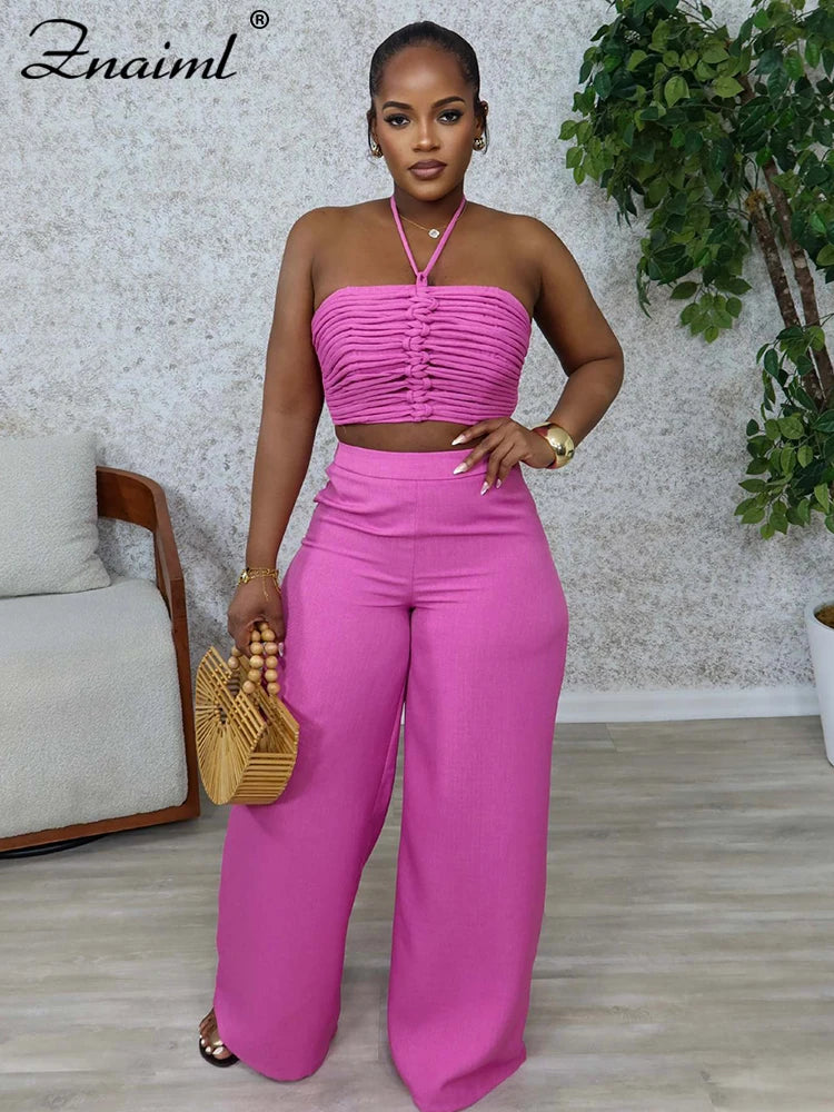 Znaiml Halter Sleeveless Ruched Crop Top and Wide Leg Pants 2 Piece Sets Woman Summer Sexy Beach Paarty Night Club Outfit 2025