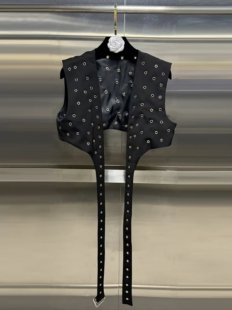 VGH Hollow Out Patchwork Rivets Waistcoats For Women V Neck Sleeveless Spliced Belt Slimming Short Waistcoat Female Fashion New