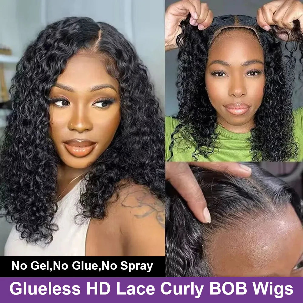100% Human Hair wigs Glueless Deep Wave Bob Wigs 13x6 Transparent Lace Frontal Wig 16 inch Kinky Curly Short bob Wig of Women