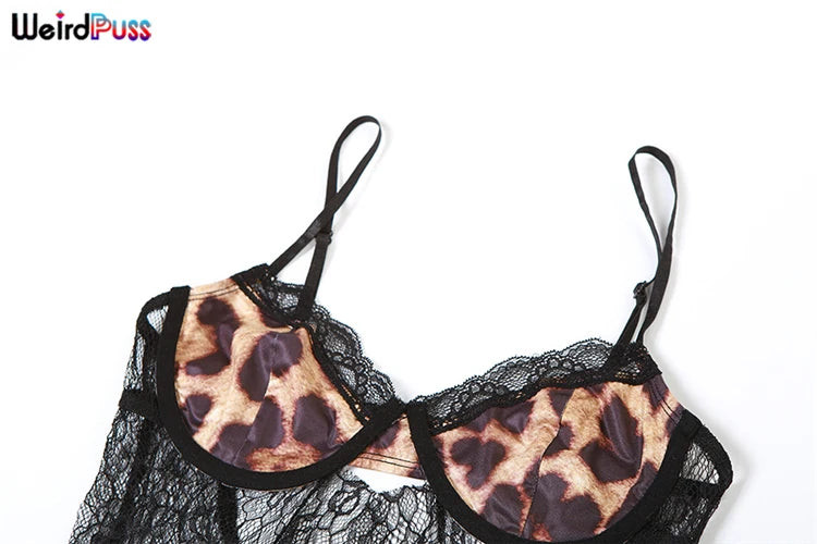 Weird Puss Backless Sexy Women Camisole Leopard Mesh Patchwork Ruffles Sexy Club Party Midnight Hot Girls Wild Coquette Maxi Top