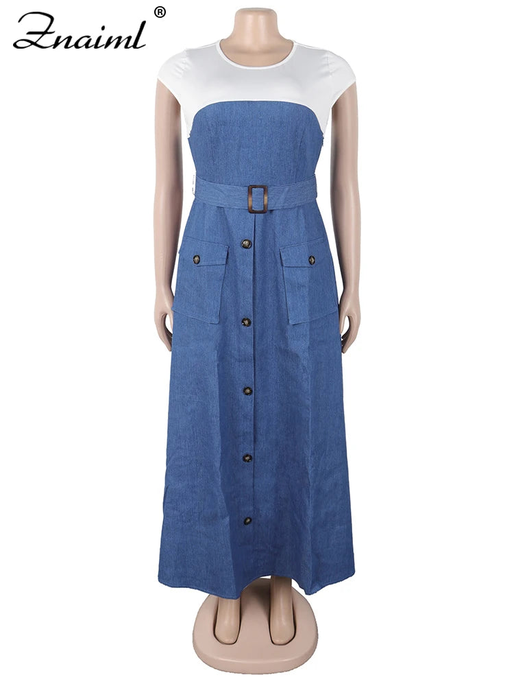 Znaiml Fashion Short Sleeve Pocket White Blue Denim Patchwork A-Line Dresses with Belt Woman Summer Elegant Bodycon Jean Dress
