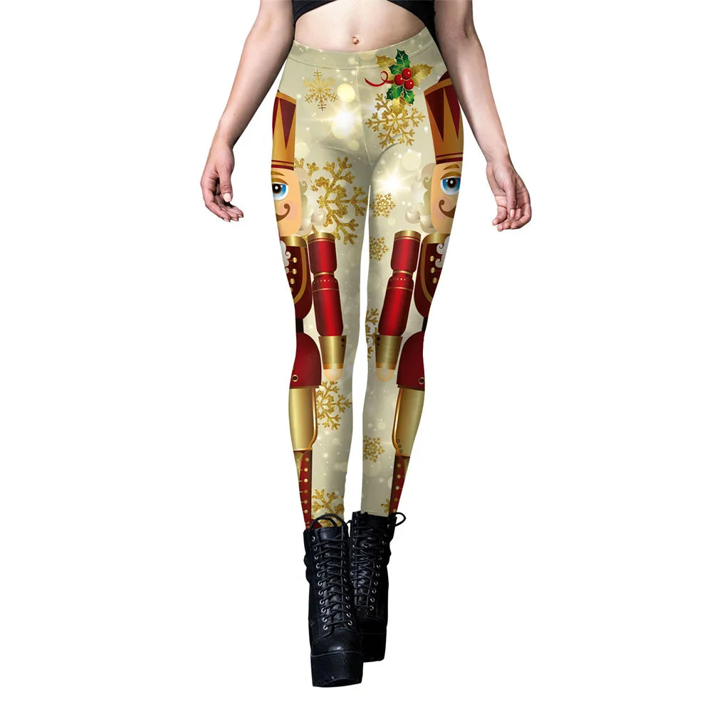 FCCEXIO Christmas Tree Print Leggings Women Party Sexy Tights Mid Waist Snowflakes Red Plaid Trousers Girls Casual Pants Bottom
