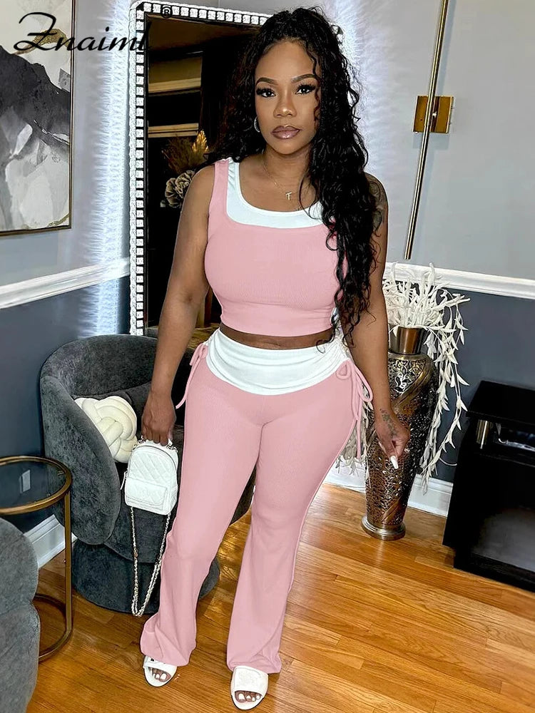 Znaiml Casual Sleeveless Tank Tops and Flare Pants Tracksuit Jogger 2025 New Fashion Sport 2 Pieces Set Woman Summer Outfits