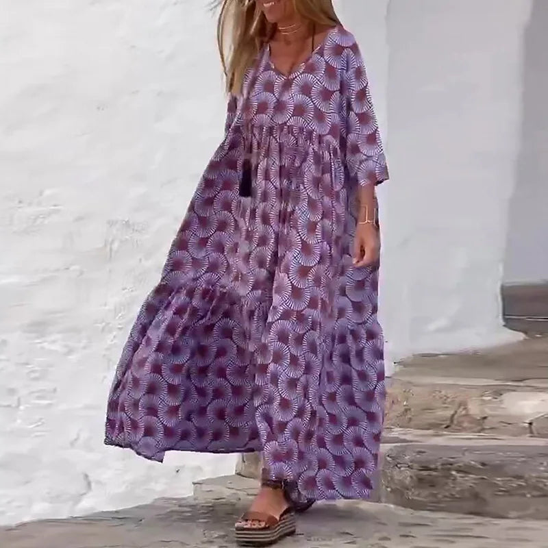 Office Women Seven Sleeve Casual 2025 Dress New Fashion High Waist Holiday Dresses 2025 Spring Summer V-neck Loose Robe Dress