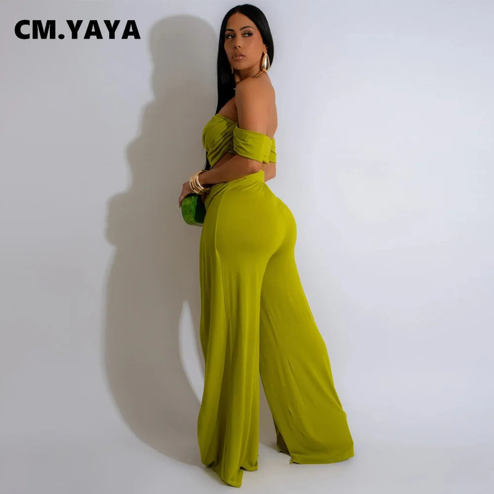 CM.YAYA Women's Set Short Sleeve Slash Neck Ruched Tops and Wide Leg split Pants 2024 Street Two 2 Piece Sets Outfit Tracksuits
