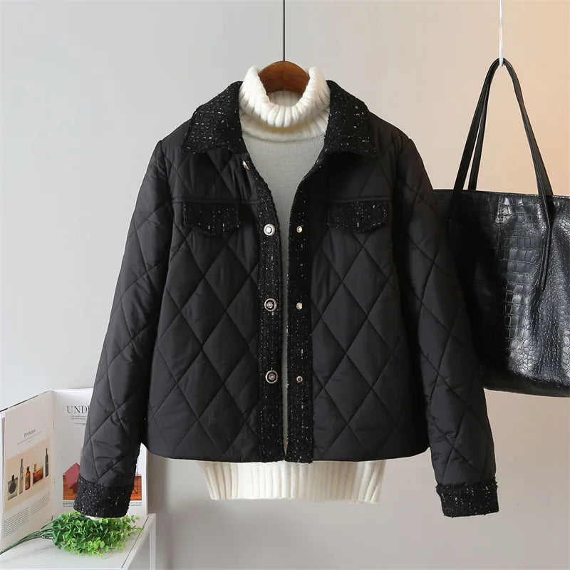 Lightweight Down Cotton Jacket Women's Short Jacket 2023 Winter New White French Style Fashion Women Jackets Patchwork Tweed Coa