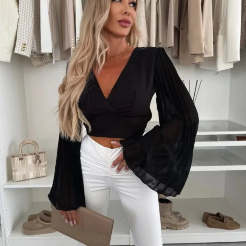 2025 Women's Spring Autumn New Fashionable Waist Collection Sexy V-neck Bag Sleeve Solid Color Wrinkled Long Sleeve Top