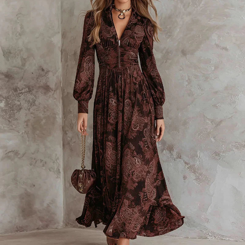 V Neck Printed Patchwork Long Sleeve Maxi Dress for Women