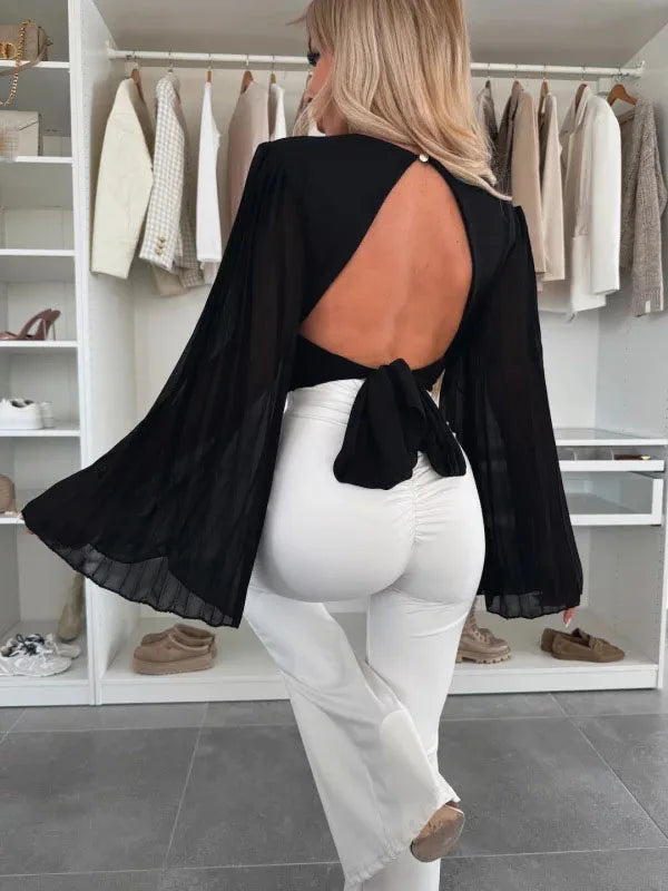 2025 Women's Spring Autumn New Fashionable Waist Collection Sexy V-neck Bag Sleeve Solid Color Wrinkled Long Sleeve Top