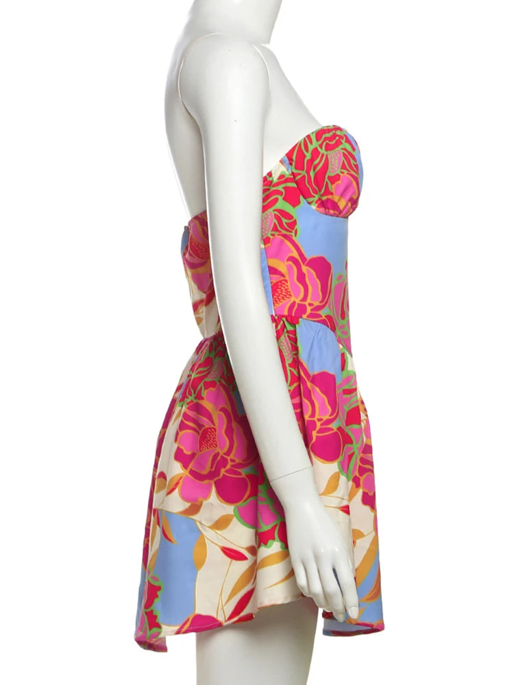 Weird Puss Colorful Print Strapless Dress Women Sexy Off Shoulder Backless Ruched Ruffles Vacation Y2K Sweet Style Mini Bodycon