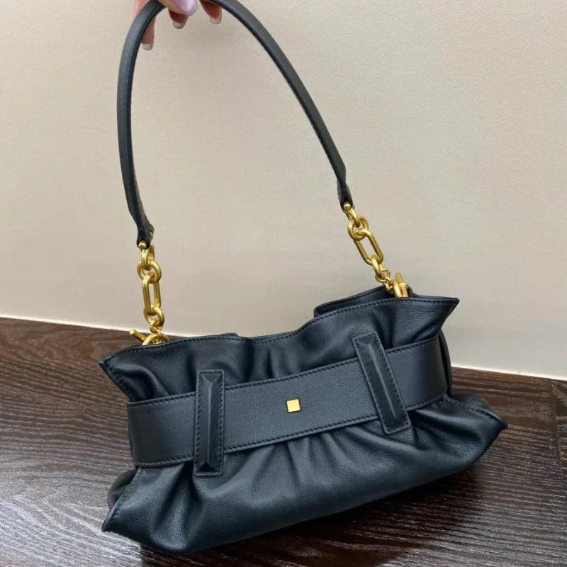 Women's Pleated Motorcycle Bag Trendy Belt Buckle Shoulder Bag Brand Design Fashion Large Capacity Texture Underarm Bag Tote Bag