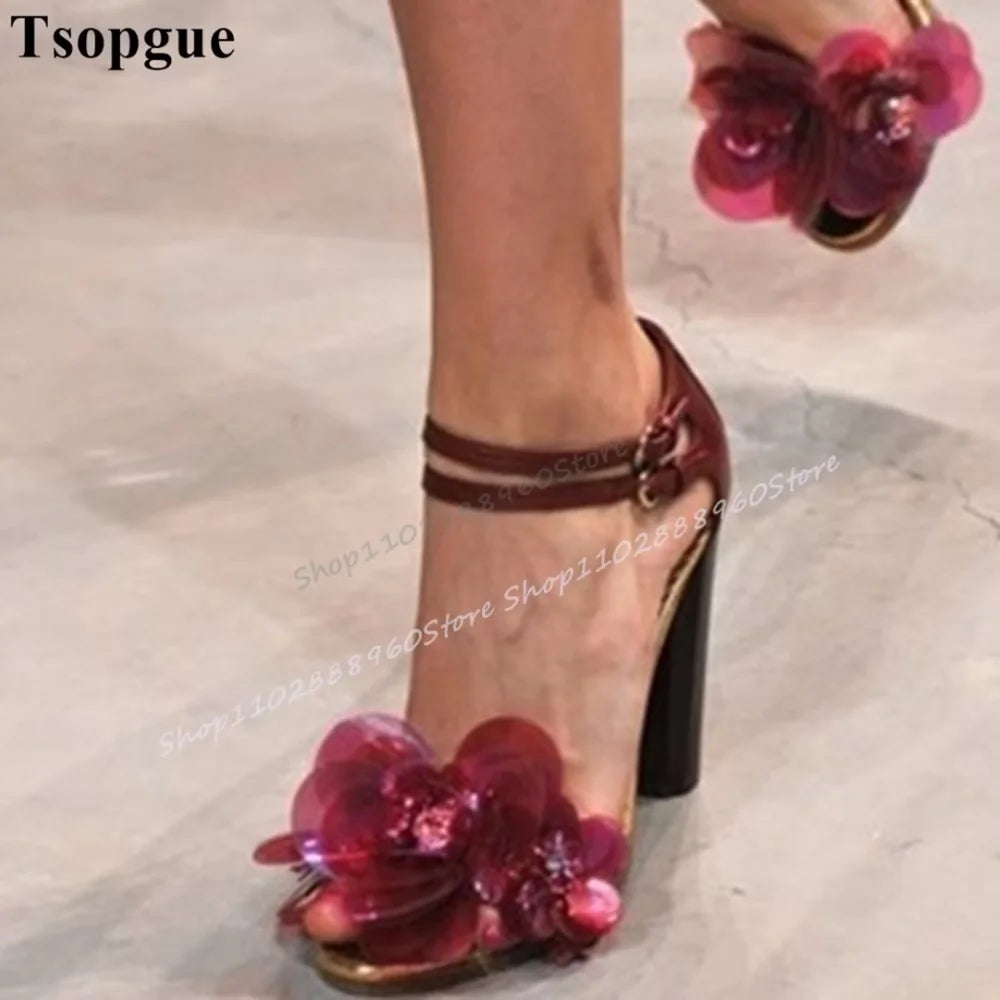 Red Plastic Sheet Flower Decor Sandals Chunky High Heel Women Shoes Ankle Buckle Strap Open Toe Luxury Catwalk Banquet Sandals