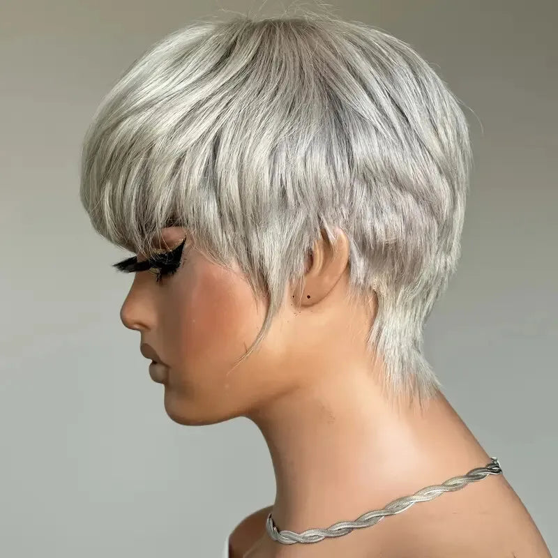 Grey Short Pixie Cut Wig Human Hair Short Layered Pixie Wig For Women 6 Inch Straight Grey Full Machine Made Human hair Wig