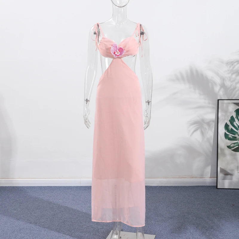 Sweet Pink Bikini Skinny Sling Dress 3d Flower Backless Sleeveless Women's Patchwork Pleated Robe 2025 Summer Female Party Gown