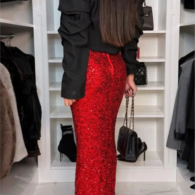 Spring Glitter Sequin Shiny Skirts For Women Club Party Elegant High Waist Slim A-Line Long Skirt Sexy Streetwear Ladies Skirts