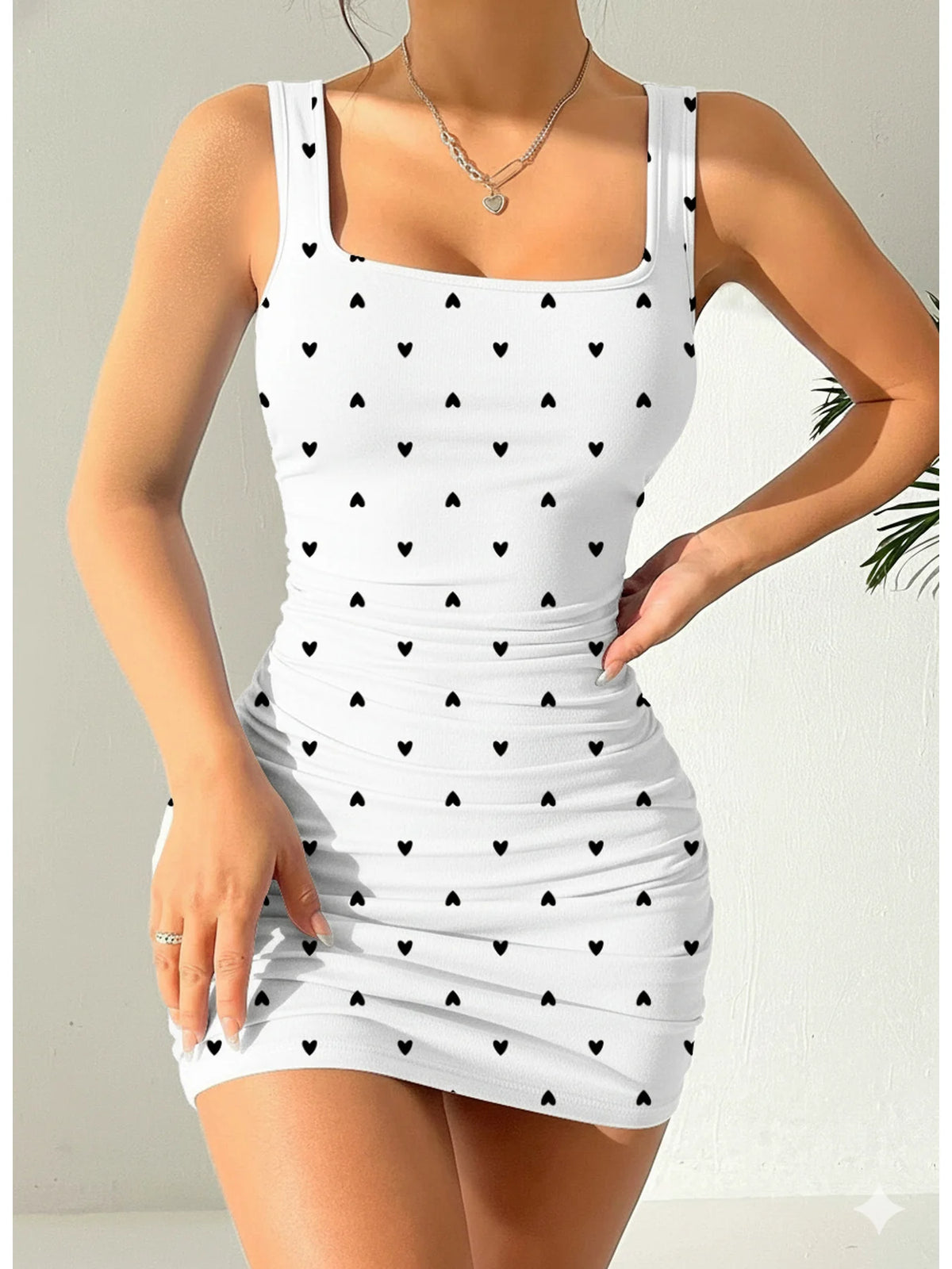 Heart Print Square Neck Sleeveless Mini Dress for Women