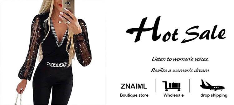 Znaiml Sexy Black Deep V-neck Mesh Chain Waist Long Sleeve Jumpsuit One Piece Overall Women Elegant Birthday Party Rompers New