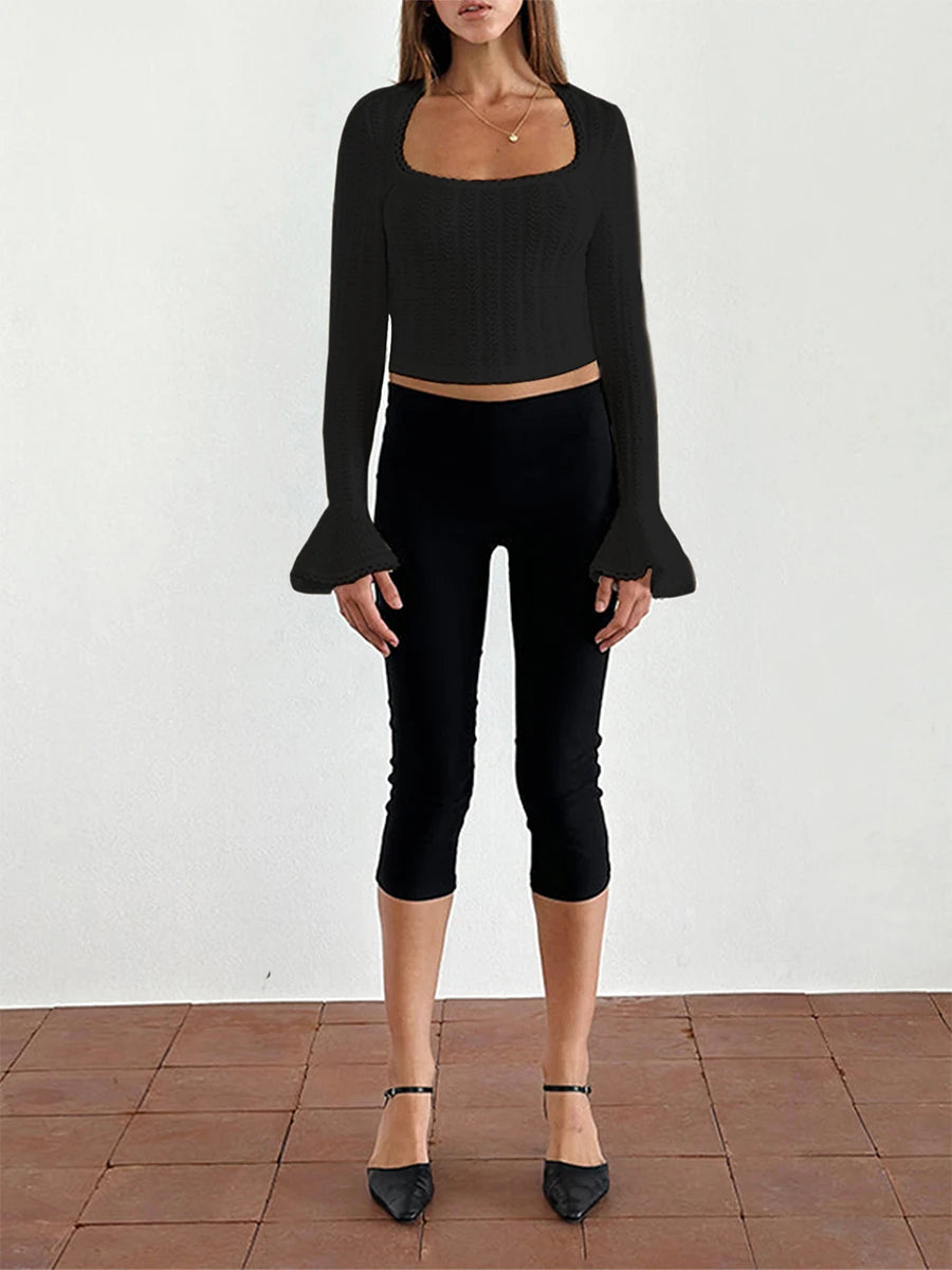 Women's Solid Color T-Shirts Autumn Textured Picot Trim Scoop Neck Long Bell Sleeves Slim Fit Crop Tops Female Casual Pullovers