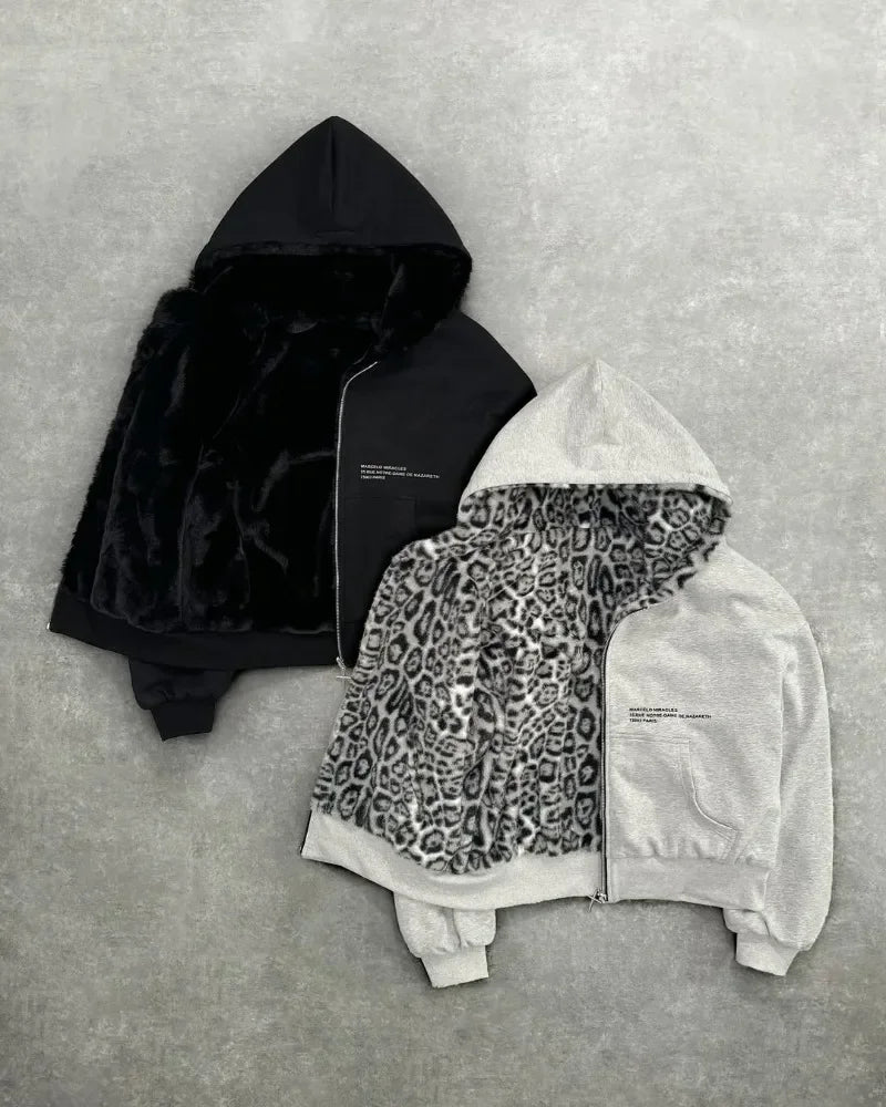 American Fashion Reversible Faux Fur Leopard Zipper Hoodie Mens Womens Oversized Sweatshirt Leopard Print Mink Fur Lining Y2K