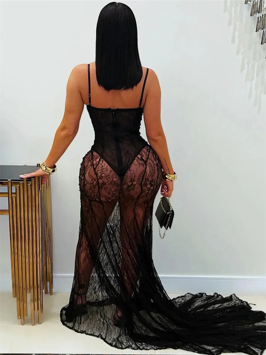 Weird Puss Sexy Mesh Jacquard Dress Women See Through Patchwork Sleeveless Backless Stretch Skinny Midnight Party Club Vestidos