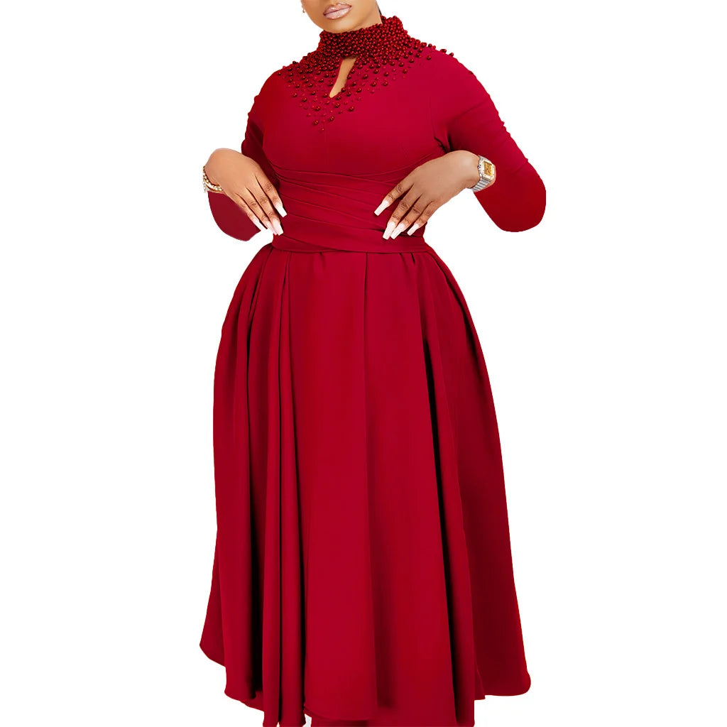 Fashionable High-collar Elegant Embroidered Large Dress Women Waist-shaping African Dress Trendy Plain Pattern Long Skirt