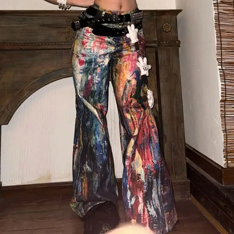 Messy Layered Design Sense Watercolor Ink Splash 3D Color Printed Jeans Women Loose Comfortable Street Versatile Wide-leg Pants
