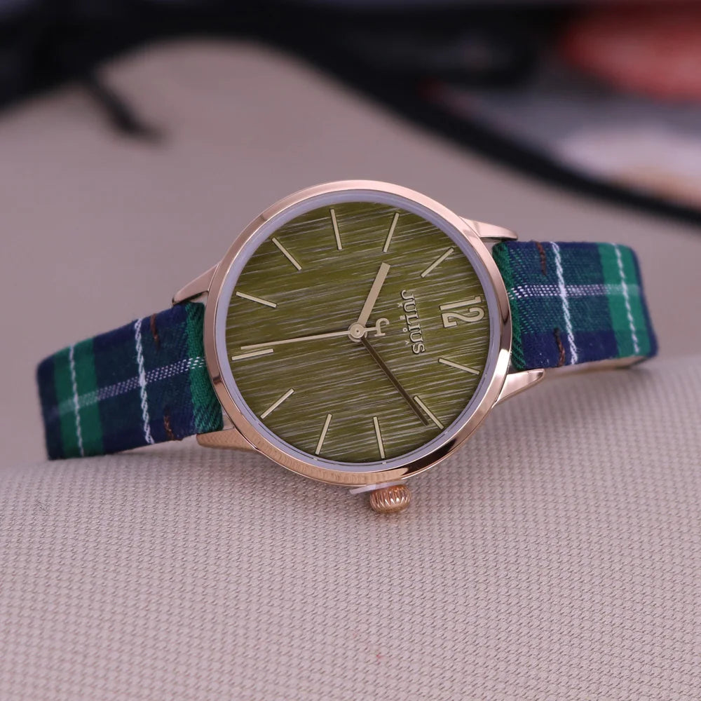 New Julius Women's Watch Fine Fashion British Plaid Style Hours Dress Bracelet Real Leather Clock Girl Birthday Gift Box