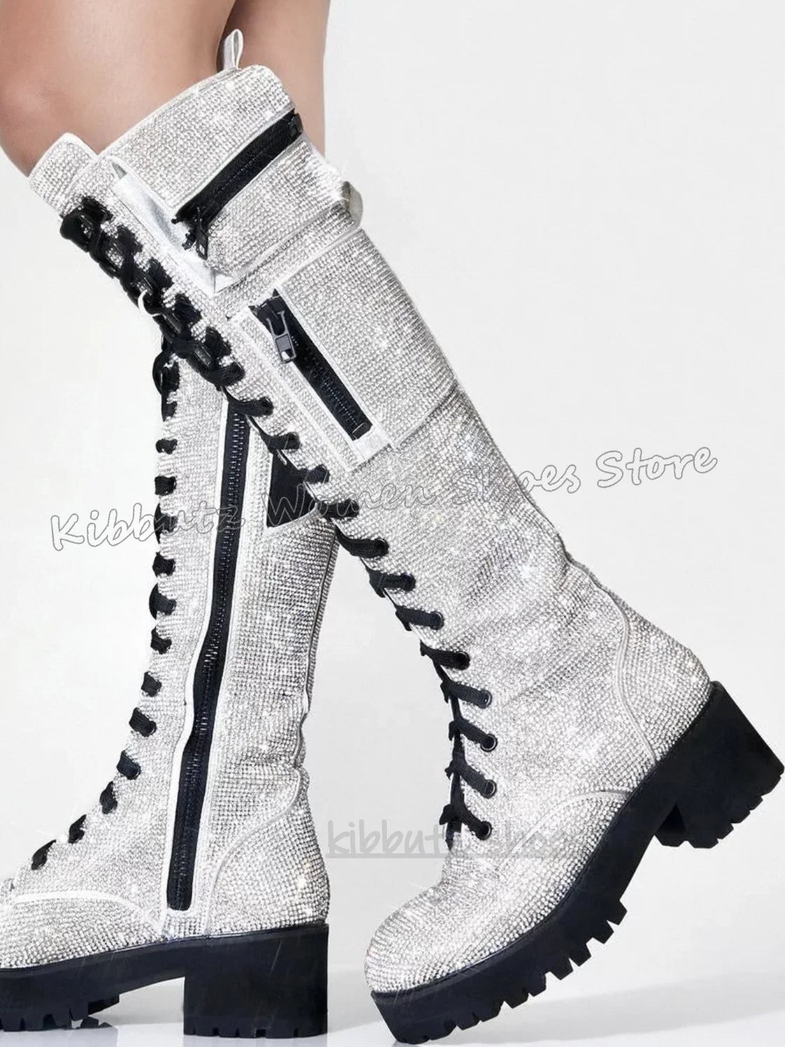 Knee High Boots Bling Glossy Pocket Zipper Lace-Up Round Toe Chunky Heels Fashion Punk Rock Gothic Novelty Sexy Women Shoes New