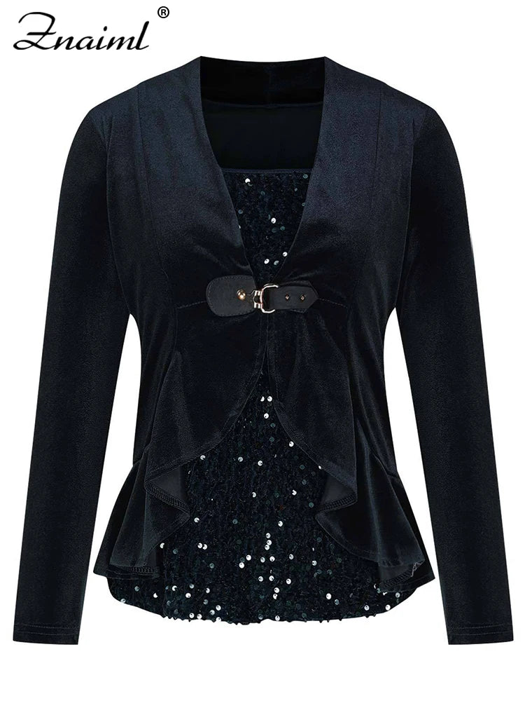 Znaiml Elegant Velvet Long Sleeve Square Neck Pullover T-Shirts Women's Sequin Patchwork Blousers Top Sexy Night Club Outfits
