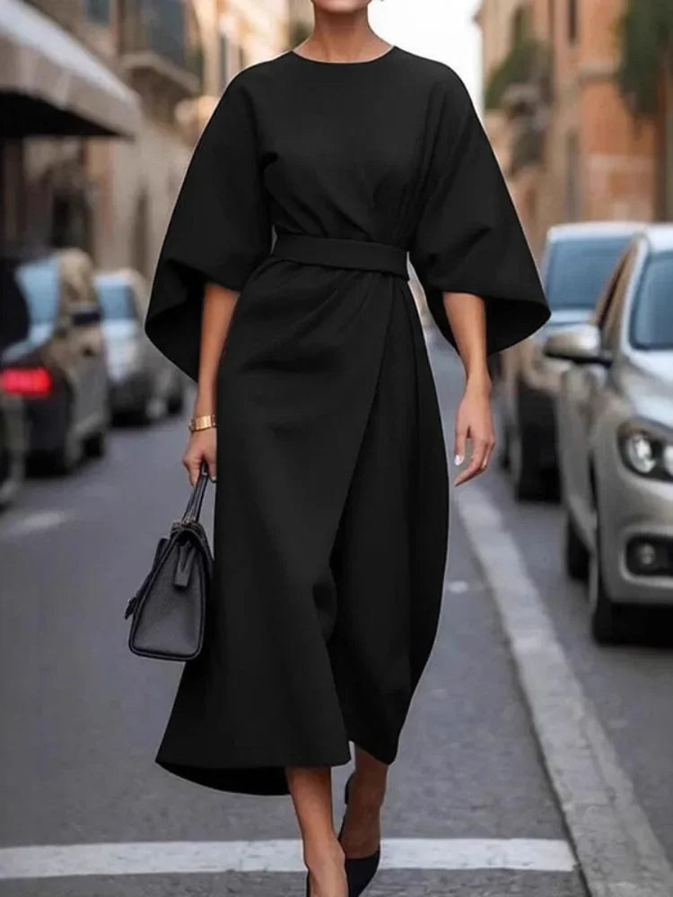 Beautyblue Long Dress for Women Fashion Summer Elegant Dresses 2025 New Round-Neck Puff Sleeves Pleated Party Evening Dress