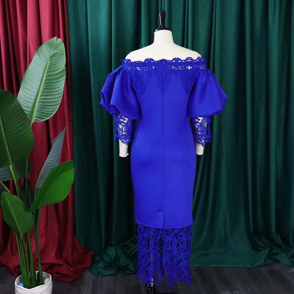 Elegant Dresses for Woman Off the Shoulder Lantern Sleeve Lace Patchwork Sheath Package Hips Ankle Length Luxury Birthday Dress