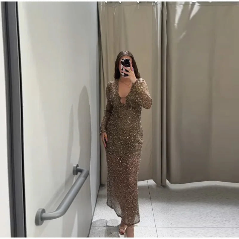 Sequin Maixi Dress Woman Deep V-neck Sparkling Lace Up Trumpet Sleeves Slim Long Dresses Sexy Perspective Party Women's Robe