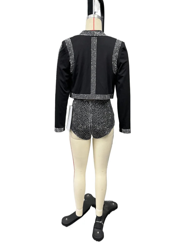 CM.YAYA Diamonds Hot Rhinestones Sexy Party Women's Set Open Stitch Blazer Top + Bra and Shorts 2025 Two 2 Piece Sets Outfits