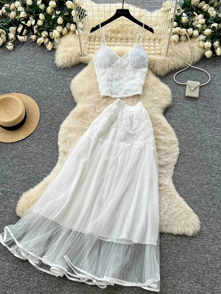 3D Floral Lace Camisole and Pleated Skirt Set for Women