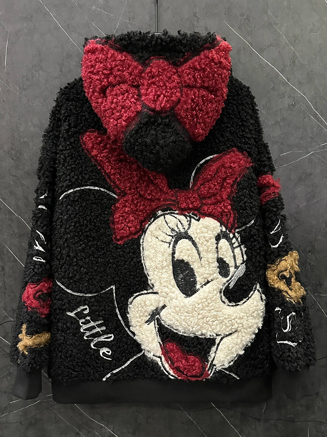 Fashion Autumn Winter Fluffy Overcoat Cute Minnie Loose Hooded Zip Cardigans Coat Mid-long Long Sleeve Sweet Lambswool Jacket