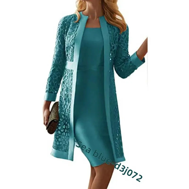 2025 Women's Lace Open Cardigan Dress Two-Piece Outfit Popular Wish Elegant Style Chinese Origin Fashionable Female Clothing
